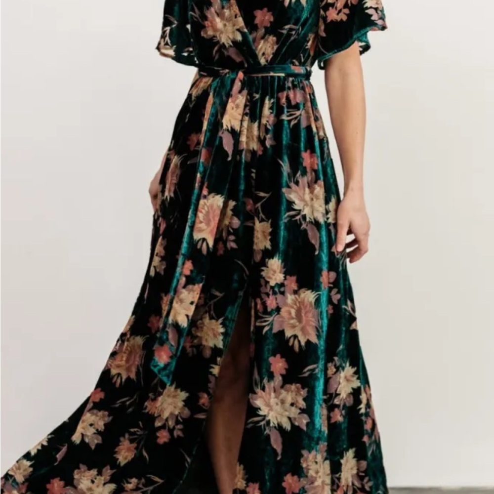 Baltic Born Green Floral Velvet Maxi Dress with Pink Flowers - Picture 3 of 12